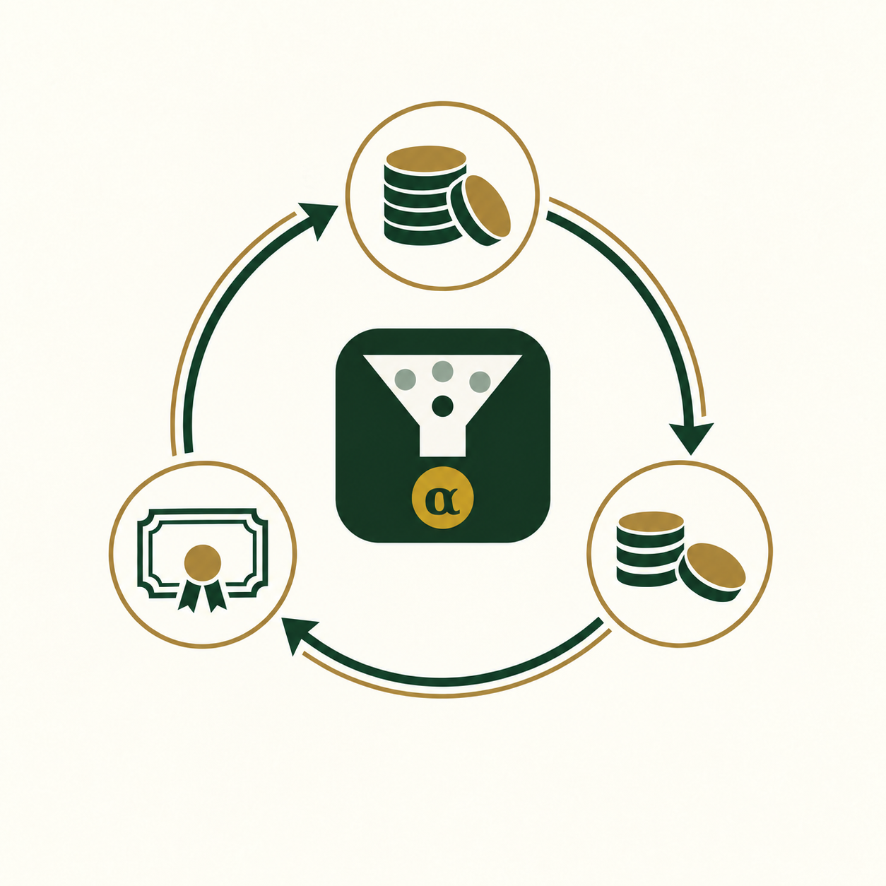 BottleneckAlpha logo at the center of a wheel connecting cash, share ownership and option payments